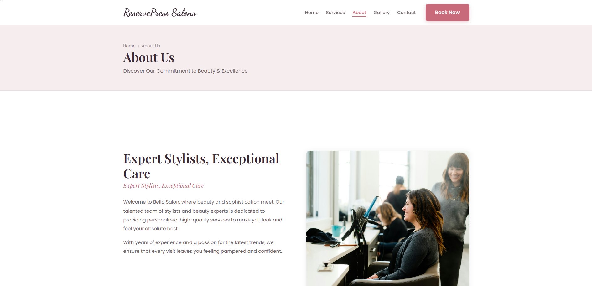 ReservePress Salons Theme about page — staff cards