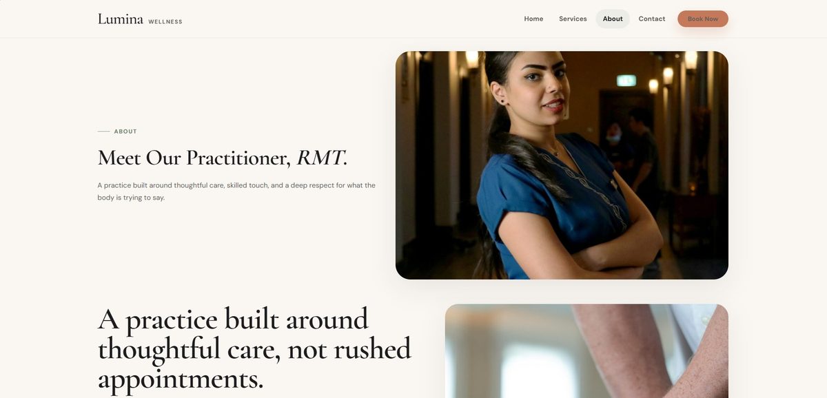 ReservePress Wellness Theme about page — practitioner cards